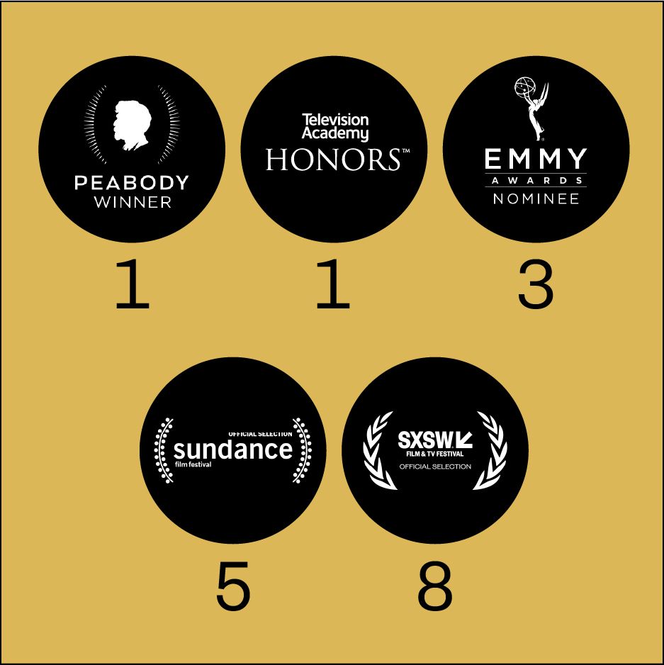 Graphic showing major awards and recognitions for films. One Peabody Award winner, one Television Academy Honors winner, three Emmy nominations, five Sundance premieres, and eight SXSW premieres.