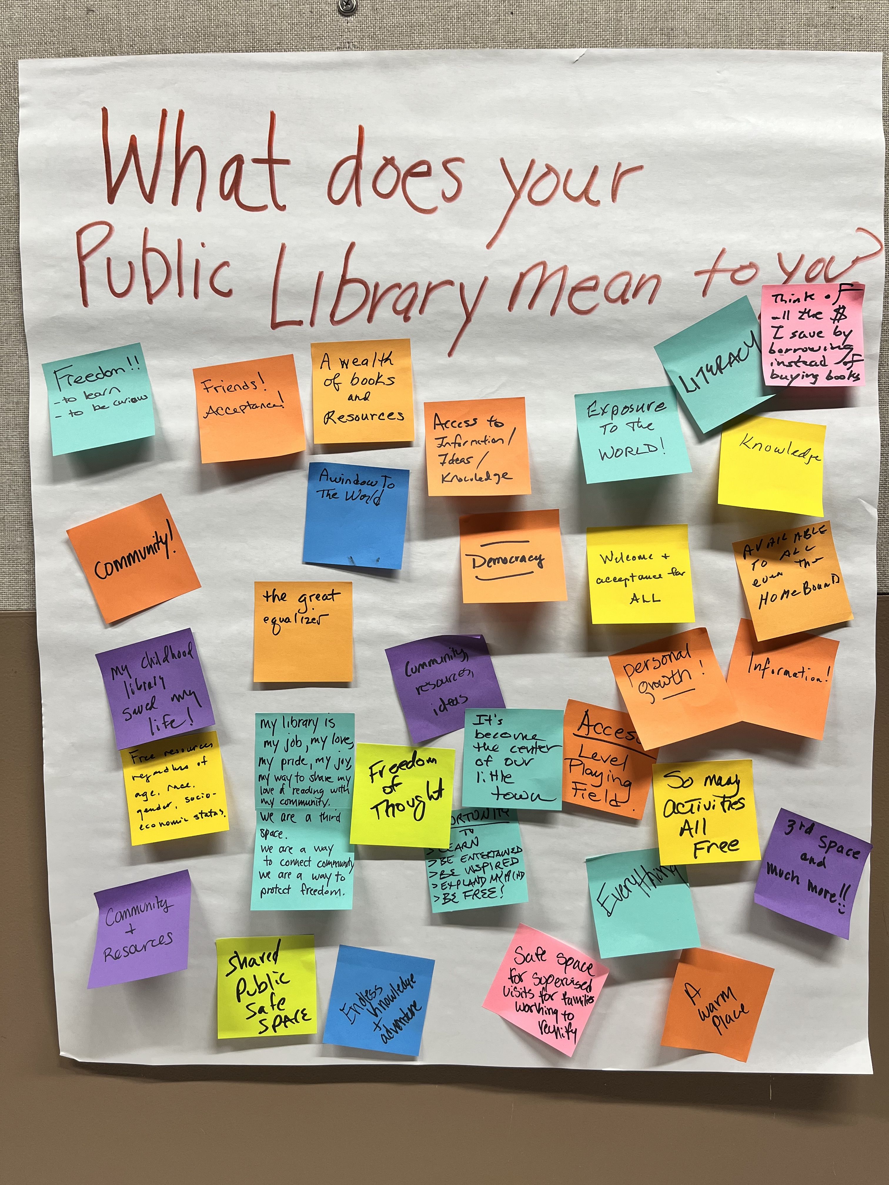 Image of a large post-it note asking, “What does your public library mean to you?” with smaller post-it notes surrounding it showing responses such as “democracy,” “community,” and “a shared public safe space.”