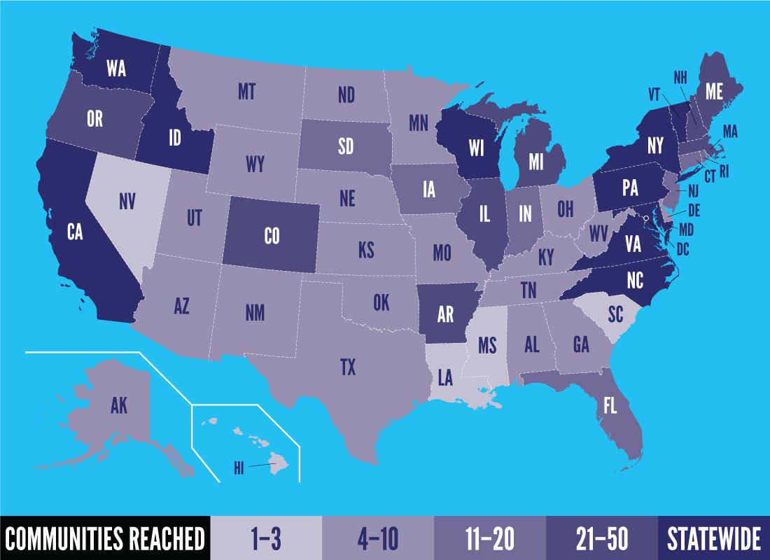 Map of the United States showing the number of communities in each state that hosted events. Events were held in all 50 states, with most states hosting events in four to ten communities.